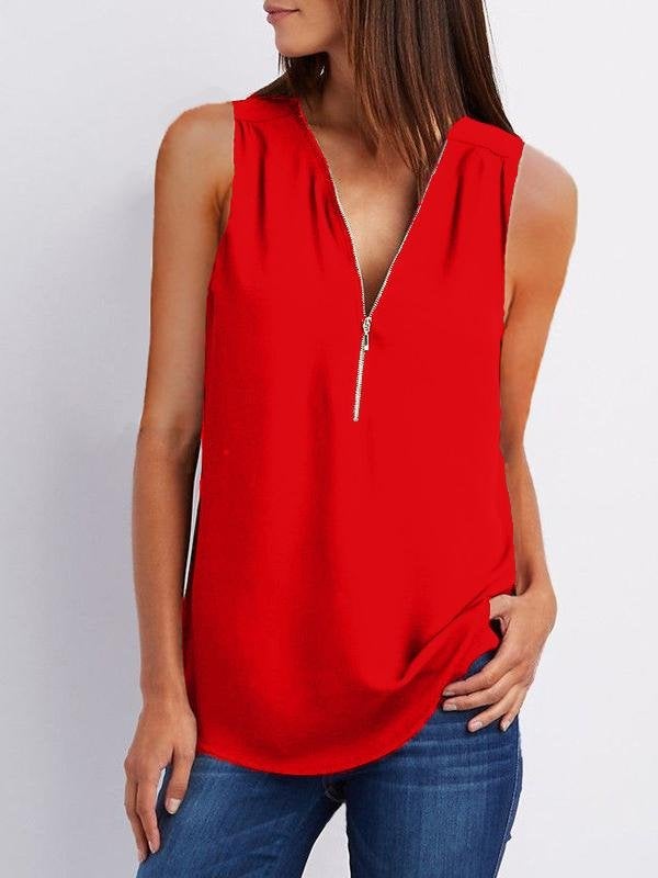 V-neck Zipper Sleeveless Loose Chiffon Vest - Tank Tops - INS | Online Fashion Free Shipping Clothing, Dresses, Tops, Shoes - 08/07/2021 - color-black - color-gray