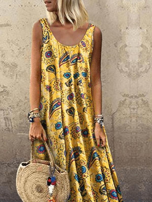 Vacation Print Round Neck Sleeveless Dress - Maxi Dresses - INS | Online Fashion Free Shipping Clothing, Dresses, Tops, Shoes - 24/05/2021 - Category_Maxi Dresses - Color_Green