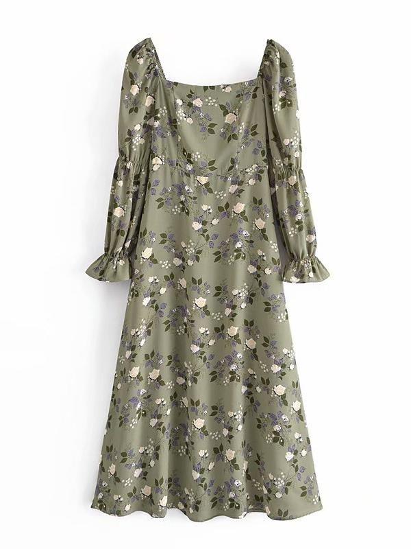 Vintage Ditsy-floral Square Collar Maxi Dress - Maxi Dresses - INS | Online Fashion Free Shipping Clothing, Dresses, Tops, Shoes - 01/04/2021 - Autumn - Color_Green