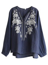 Vintage Embroidery Flowers V Neck Flax Shirts - Blouses - INS | Online Fashion Free Shipping Clothing, Dresses, Tops, Shoes - 06//04/2021 - Autumn - Blouses