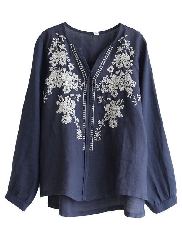 Vintage Embroidery Flowers V Neck Flax Shirts - Blouses - INS | Online Fashion Free Shipping Clothing, Dresses, Tops, Shoes - 06//04/2021 - Autumn - Blouses
