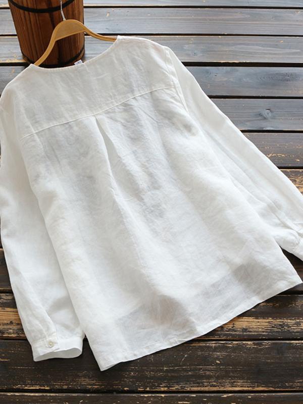 Vintage Embroidery Flowers V Neck Flax Shirts - Blouses - INS | Online Fashion Free Shipping Clothing, Dresses, Tops, Shoes - 06//04/2021 - Autumn - Blouses