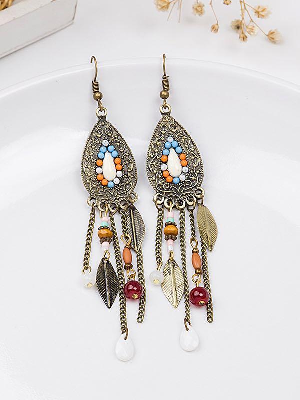Vintage Leaf Bead Tassel Water-Drop Shaped Earrings - INS | Online Fashion Free Shipping Clothing, Dresses, Tops, Shoes
