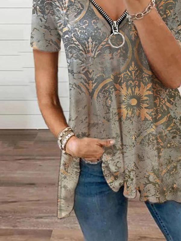 Vintage Printed Casual V-neck Zipper T-shirts - T-Shirts - INS | Online Fashion Free Shipping Clothing, Dresses, Tops, Shoes - 04/06/2021 - Category_T-Shirts - Color_Khaki