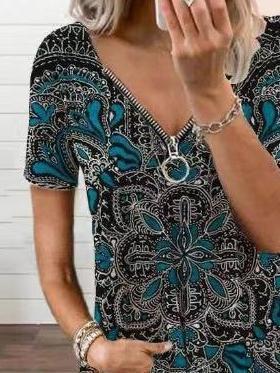 Vintage Printed Zipper V-neck Loose T-shirt - T-shirts - INS | Online Fashion Free Shipping Clothing, Dresses, Tops, Shoes - 20-30 - 30/06/2021 - color-blue