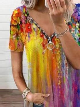 Vintage Printed Zipper V-neck Loose T-shirt - T-shirts - INS | Online Fashion Free Shipping Clothing, Dresses, Tops, Shoes - 20-30 - 30/06/2021 - color-blue