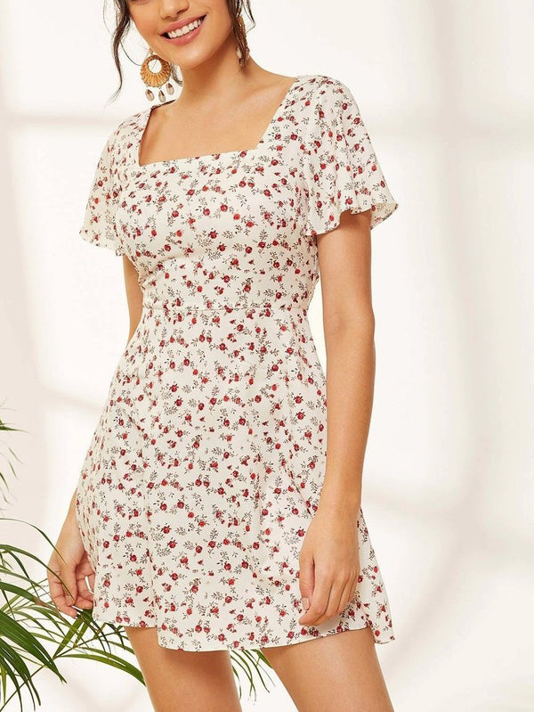 Vivid Floral Square Neck Short Sleeve Mini Dress - Mini Dresses - INS | Online Fashion Free Shipping Clothing, Dresses, Tops, Shoes - 09/04/2021 - Colour_Floral - DRE210412018