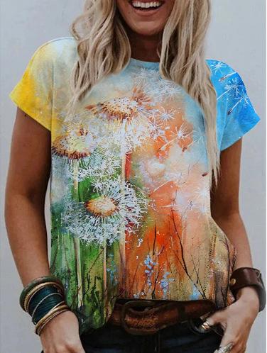 Watercolor Floral Print Round Neck Short Sleeve T-Shirt - T-Shirts - INS | Online Fashion Free Shipping Clothing, Dresses, Tops, Shoes - 10-20 - 25/06/2021 - Category_T-Shirts