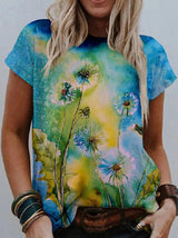 Watercolor Floral Print Round Neck Short Sleeve T-Shirt - T-Shirts - INS | Online Fashion Free Shipping Clothing, Dresses, Tops, Shoes - 10-20 - 25/06/2021 - Category_T-Shirts