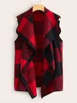 Waterfall Collar Buffalo Plaid Vest Coat - INS | Online Fashion Free Shipping Clothing, Dresses, Tops, Shoes