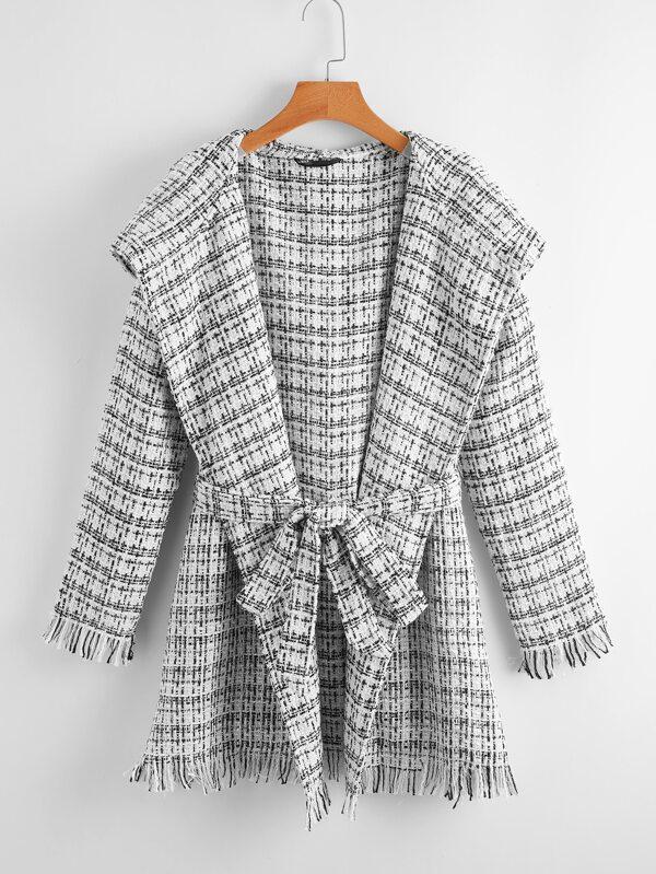 Waterfall Collar Self Belted Raw Trim Tweed Hooded Coat - INS | Online Fashion Free Shipping Clothing, Dresses, Tops, Shoes