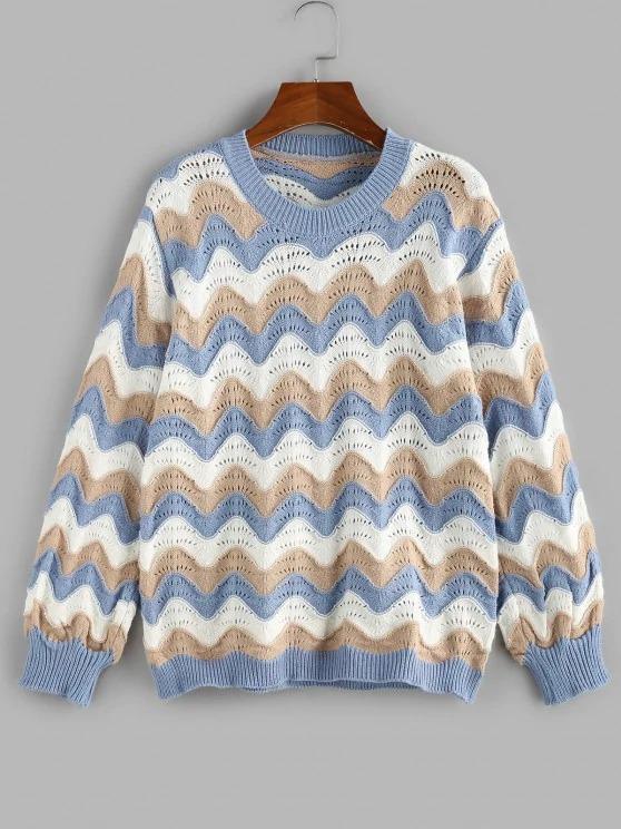 Wave Striped Pointelle Knit Drop Shoulder Sweater - INS | Online Fashion Free Shipping Clothing, Dresses, Tops, Shoes