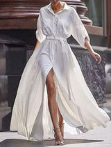 White Chiffon Shirt Dress With Big Slit - Maxi Dresses - INS | Online Fashion Free Shipping Clothing, Dresses, Tops, Shoes - 20/07/2021 - 40-50 - color-white