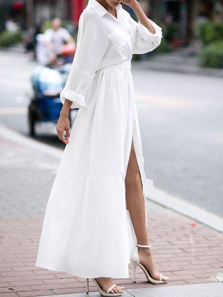 White Chiffon Shirt Dress With Big Slit - Maxi Dresses - INS | Online Fashion Free Shipping Clothing, Dresses, Tops, Shoes - 20/07/2021 - 40-50 - color-white