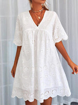 White Lace Hollow V-neck Short-sleeved Dress - Mini Dresses - INS | Online Fashion Free Shipping Clothing, Dresses, Tops, Shoes - 02/07/2021 - 30-40 - color-white