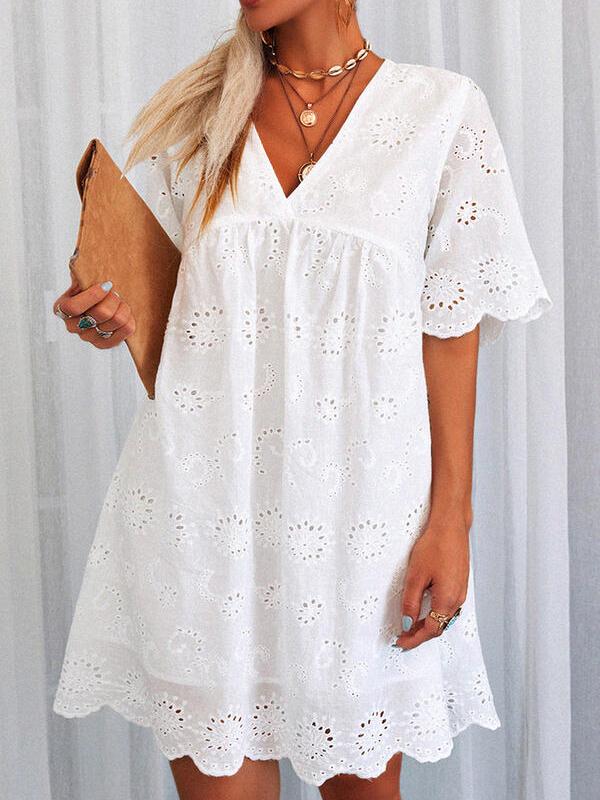 White Lace Hollow V-neck Short-sleeved Dress - Mini Dresses - INS | Online Fashion Free Shipping Clothing, Dresses, Tops, Shoes - 02/07/2021 - 30-40 - color-white