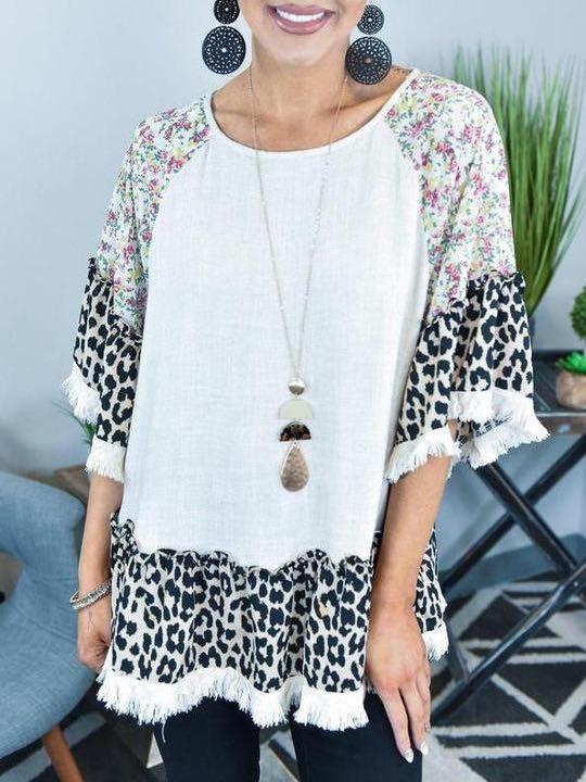 White round neck floral casual leopard print T-shirt - INS | Online Fashion Free Shipping Clothing, Dresses, Tops, Shoes