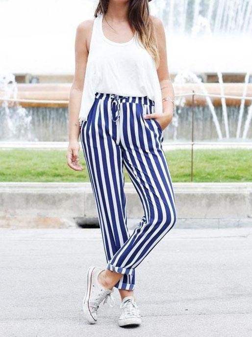 White Tank Top & Blue Striped Pants - Two-piece Outfits - INS | Online Fashion Free Shipping Clothing, Dresses, Tops, Shoes - 04/03/2021 - Daily - DRAFT