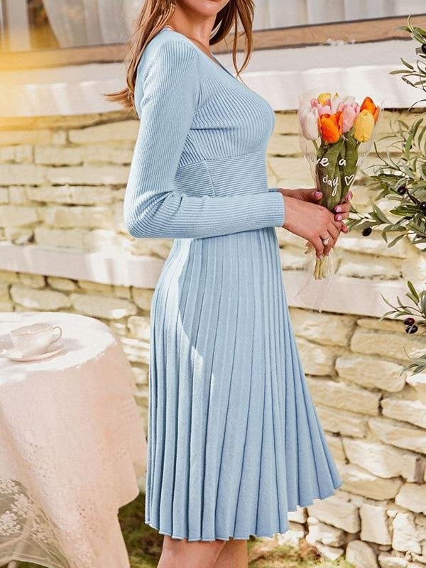 Wide Waistband Rib-knit Sweater Dress - Dresses - INS | Online Fashion Free Shipping Clothing, Dresses, Tops, Shoes - 02/02/2021 - Autumn - Blue