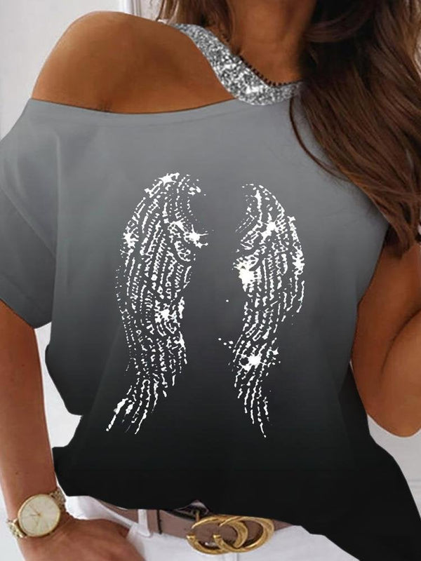 Wings Print Cold Shoulder Short Sleeve Top - T-Shirts - INS | Online Fashion Free Shipping Clothing, Dresses, Tops, Shoes - 27/04/2021 - Color_Grey - Season_Summer