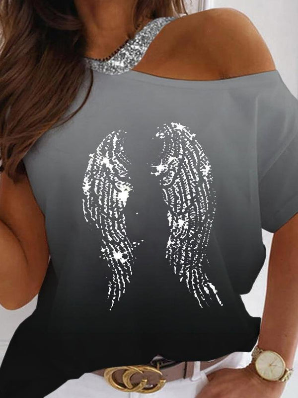 Wings Print Cold Shoulder Short Sleeve Top - T-Shirts - INS | Online Fashion Free Shipping Clothing, Dresses, Tops, Shoes - 27/04/2021 - Color_Grey - Season_Summer