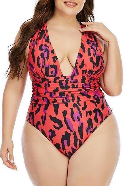Wireless Retro Animal Print Plus One-piece Swimsuit - Plus Swimsuits - INS | Online Fashion Free Shipping Clothing, Dresses, Tops, Shoes - 22/04/2021 - Color_Red - Plus Swimsuits