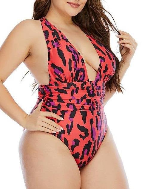 Wireless Retro Animal Print Plus One-piece Swimsuit - Plus Swimsuits - INS | Online Fashion Free Shipping Clothing, Dresses, Tops, Shoes - 22/04/2021 - Color_Red - Plus Swimsuits