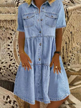 Women Botton Down Loose Short Sleeve Denim Jean Dress - Mini Dresses - INS | Online Fashion Free Shipping Clothing, Dresses, Tops, Shoes - 10/05/2021 - Color_Blue - DRE210510894