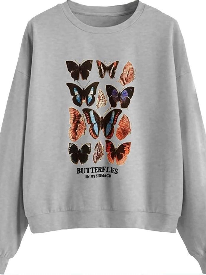 Women Butterfly Print Round Neck Shirt - INS | Online Fashion Free Shipping Clothing, Dresses, Tops, Shoes