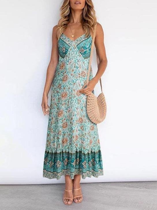 Women Casual Deep V Neck Sling Floral Print Dress - Dresses - INS | Online Fashion Free Shipping Clothing, Dresses, Tops, Shoes - 13/05/2021 - 130521 - Color_Light Green