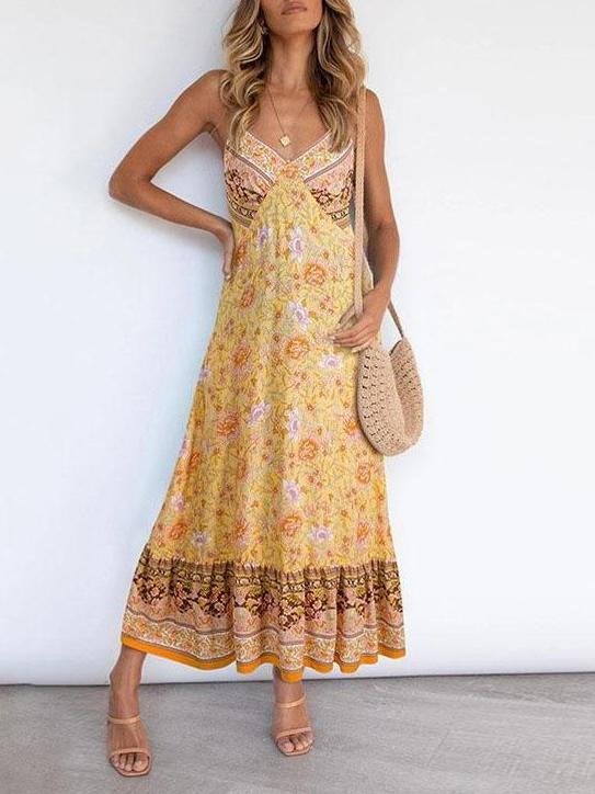 Women Casual Deep V Neck Sling Floral Print Dress - Dresses - INS | Online Fashion Free Shipping Clothing, Dresses, Tops, Shoes - 13/05/2021 - 130521 - Color_Light Green