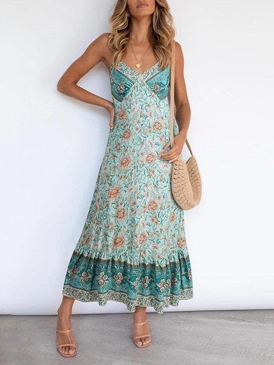 Women Casual Deep V Neck Sling Floral Print Dress - Dresses - INS | Online Fashion Free Shipping Clothing, Dresses, Tops, Shoes - 13/05/2021 - 130521 - Color_Light Green