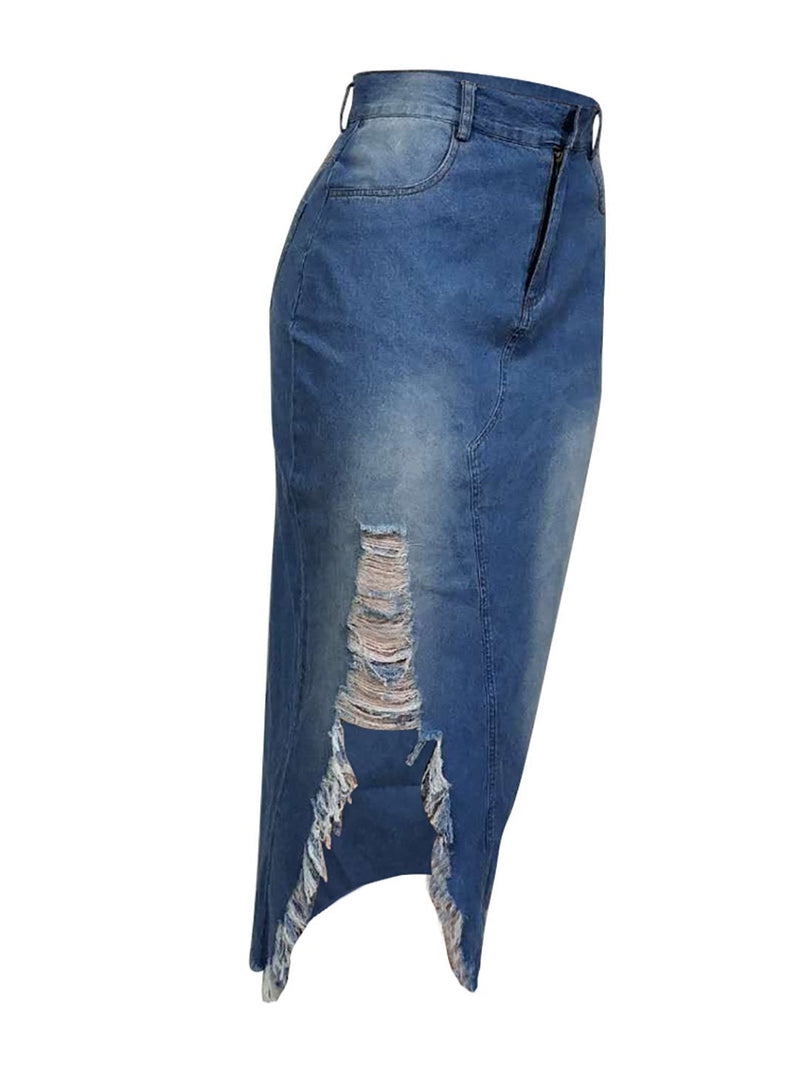 Women Casual Distressed Ripped Denim Jean Split Bodycon Stretched Skirt with Pocket - Skirts - INS | Online Fashion Free Shipping Clothing, Dresses, Tops, Shoes - 10/05/2021 - Color_Black - Color_Dark Blue