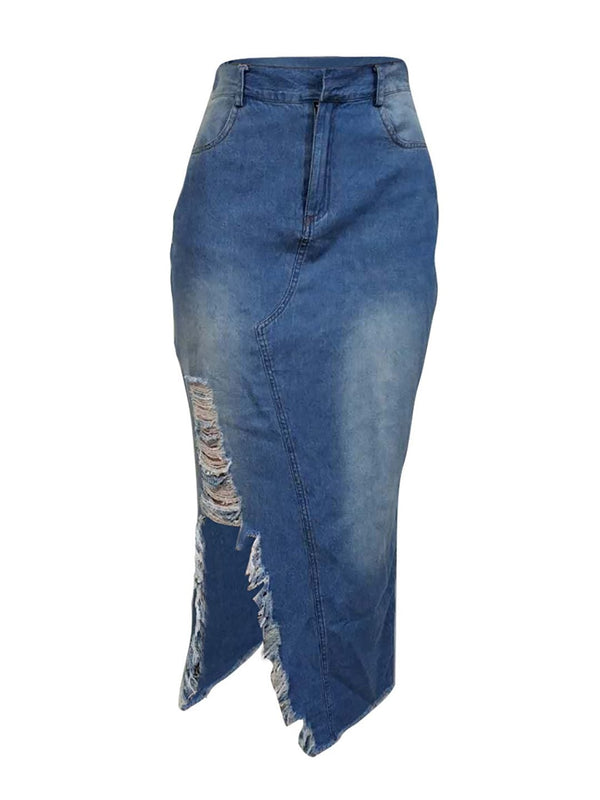 Women Casual Distressed Ripped Denim Jean Split Bodycon Stretched Skirt with Pocket - Skirts - INS | Online Fashion Free Shipping Clothing, Dresses, Tops, Shoes - 10/05/2021 - Color_Black - Color_Dark Blue