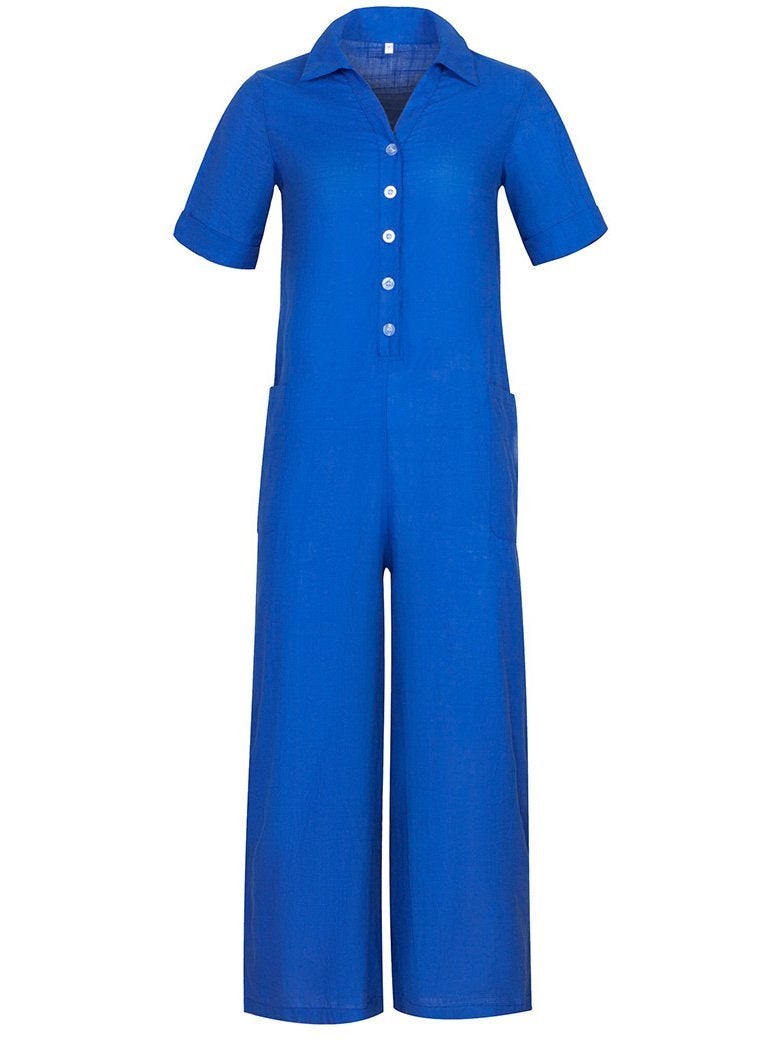 Women Casual Solid Color Short Sleeve Button Up Jumpsuit - Romper & Jumpsuits - INS | Online Fashion Free Shipping Clothing, Dresses, Tops, Shoes - 17/05/2021 - Color_Black - Color_Dark Blue