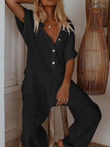 Women Casual Solid Color Short Sleeve Button Up Jumpsuit - Romper & Jumpsuits - INS | Online Fashion Free Shipping Clothing, Dresses, Tops, Shoes - 17/05/2021 - Color_Black - Color_Dark Blue
