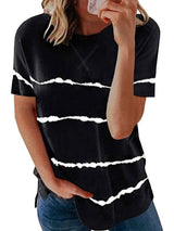 Women Casual Stripe Print Round Neck Relaxed T-shirt - T-shirts - INS | Online Fashion Free Shipping Clothing, Dresses, Tops, Shoes - 12/05/2021 - 120521 - Color_Black