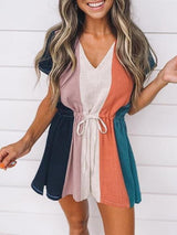 Women Colorblock Short Sleeve V Neck Drawstring Romper - Romper & Jumpsuits - INS | Online Fashion Free Shipping Clothing, Dresses, Tops, Shoes - 17/05/2021 - Color_Multicolor - JUM210519141