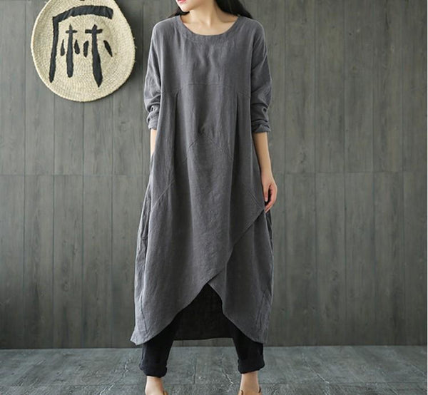 Women Cotton And Linen Slit Dress - Midi Dresses - INS | Online Fashion Free Shipping Clothing, Dresses, Tops, Shoes - 23/02/2021 - 2XL - 3XL