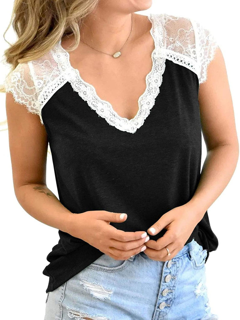 Women Crochet Lace Basic V-Neck T-Shirt Short Sleeve Loose Fitting Tunic - T-Shirt - INS | Online Fashion Free Shipping Clothing, Dresses, Tops, Shoes - 16/03/2021 - 2XL - Black