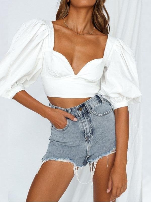 Women Deep V Neck Lantern Sleeve Tops Blouse - Blouses & Shirts - INS | Online Fashion Free Shipping Clothing, Dresses, Tops, Shoes - 13/05/2021 - 130521 - BLO210518249