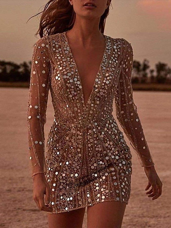 Women Deep V-Neck Sequined Slim Dress - INS | Online Fashion Free Shipping Clothing, Dresses, Tops, Shoes