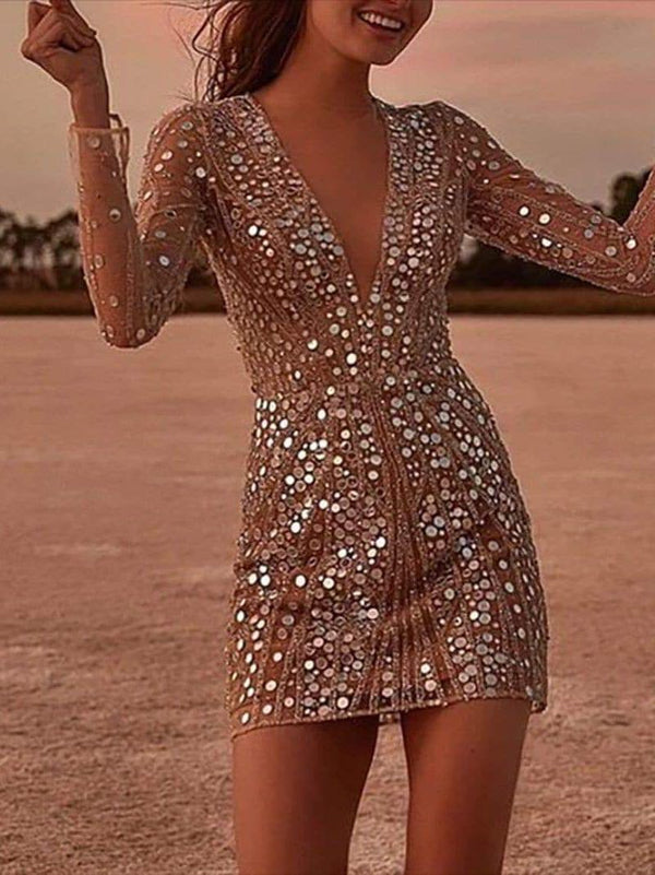 Women Deep V-Neck Sequined Slim Dress - INS | Online Fashion Free Shipping Clothing, Dresses, Tops, Shoes