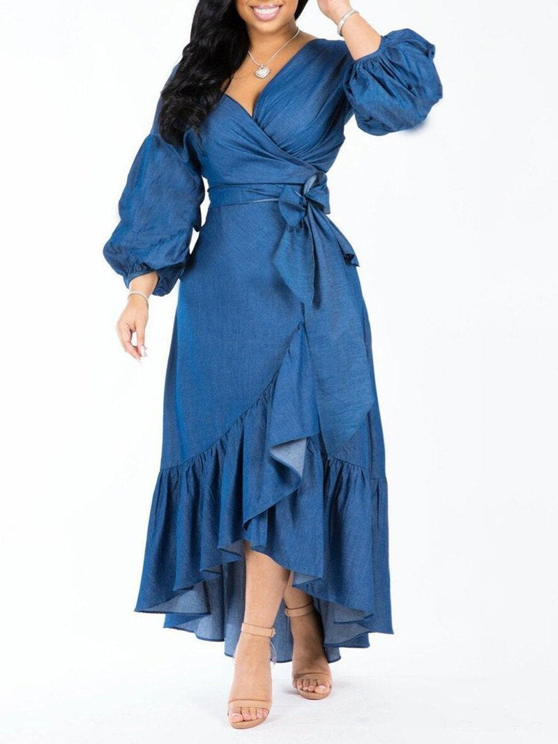 Women Denim V Neck Puff Long Sleeve Ruffle Trim Hem Dress - Dresses - INS | Online Fashion Free Shipping Clothing, Dresses, Tops, Shoes - 10/05/2021 - Color_Blue - DRE210510886