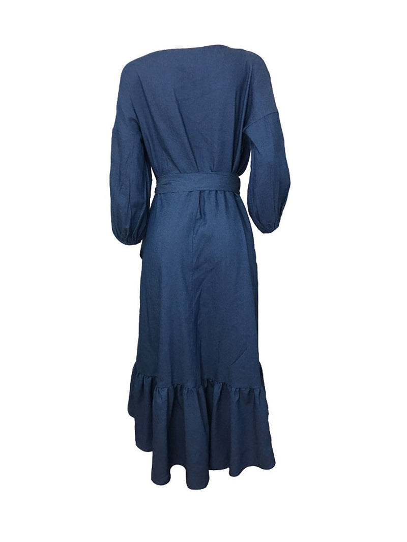Women Denim V Neck Puff Long Sleeve Ruffle Trim Hem Dress - Dresses - INS | Online Fashion Free Shipping Clothing, Dresses, Tops, Shoes - 10/05/2021 - Color_Blue - DRE210510886