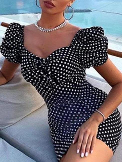 Women Dot Print Puff-sleeve Dress - Dresses - INS | Online Fashion Free Shipping Clothing, Dresses, Tops, Shoes - dress - Dresses - hotsales