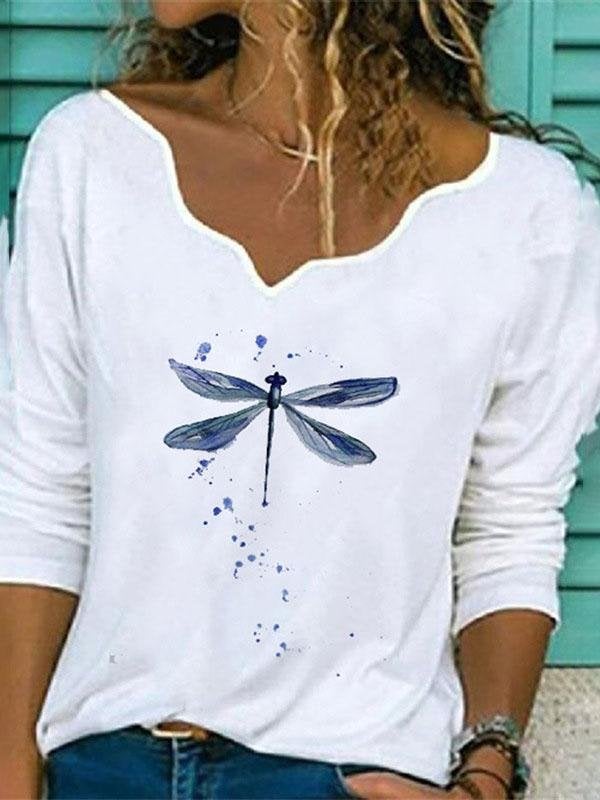 Women Dragonfly Printed V Neck Long Sleeve T-shirts - T-shirts - INS | Online Fashion Free Shipping Clothing, Dresses, Tops, Shoes - 18/05/2021 - Color_White - Size_2XL