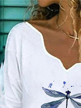 Women Dragonfly Printed V Neck Long Sleeve T-shirts - T-shirts - INS | Online Fashion Free Shipping Clothing, Dresses, Tops, Shoes - 18/05/2021 - Color_White - Size_2XL
