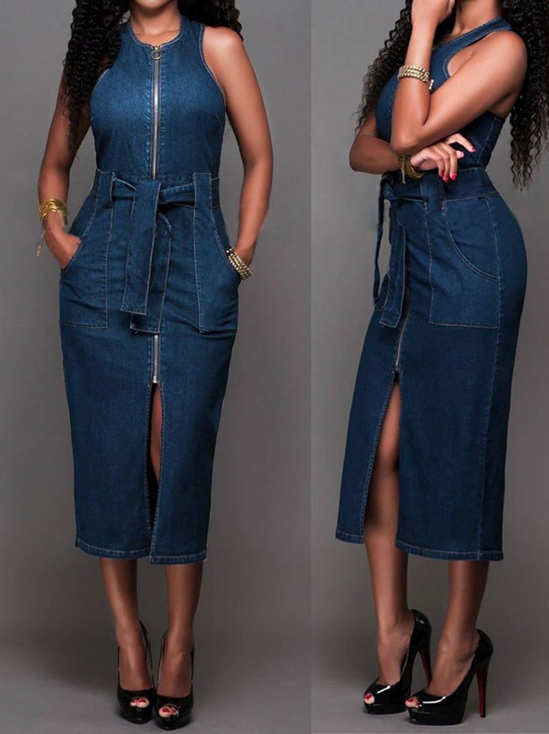 Women Elegant Sleeveless Denim Jean Dress with Zipper Belt - Dresses - INS | Online Fashion Free Shipping Clothing, Dresses, Tops, Shoes - 10/05/2021 - Color_Blue - DRE210510893