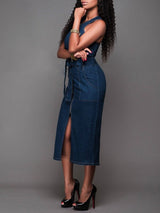 Women Elegant Sleeveless Denim Jean Dress with Zipper Belt - Dresses - INS | Online Fashion Free Shipping Clothing, Dresses, Tops, Shoes - 10/05/2021 - Color_Blue - DRE210510893